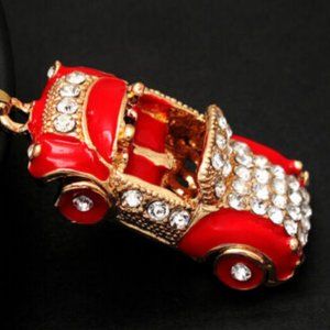 Sparkly Crystal Rhinestone & Red Enamel SPORTSCAR Convertible Pendant Necklace